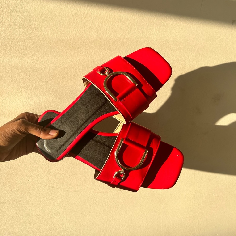 SHEIN Red Faux Leather/ Gold Buckle Flats